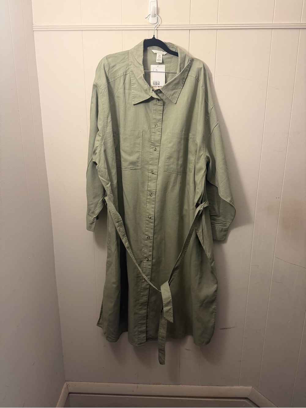 H&M Light Sage Button-Front Linen Shirt Dress with Belt